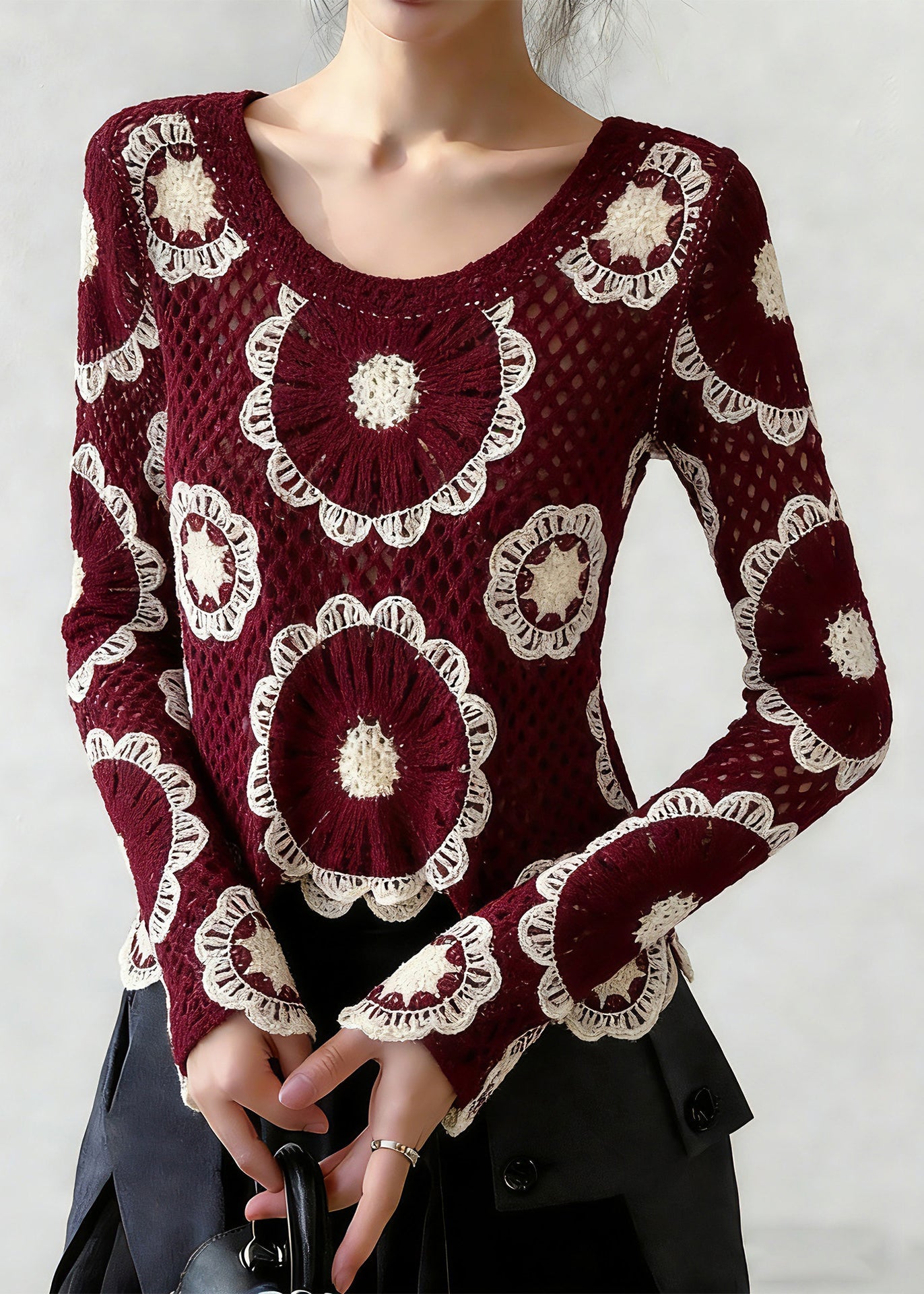 Red O-neck Hollow Out Knit Top Spring