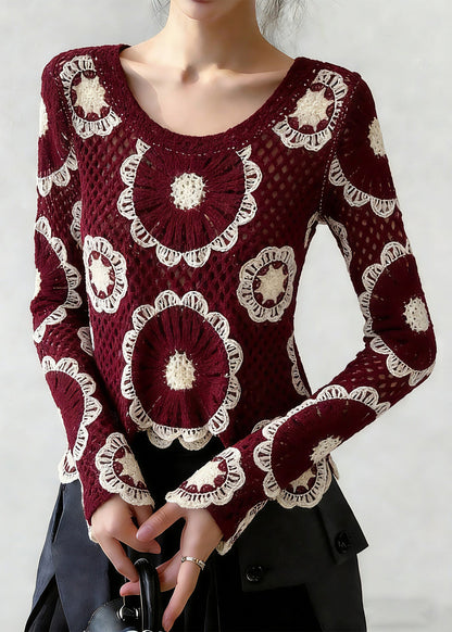 Red O-neck Hollow Out Knit Top Spring