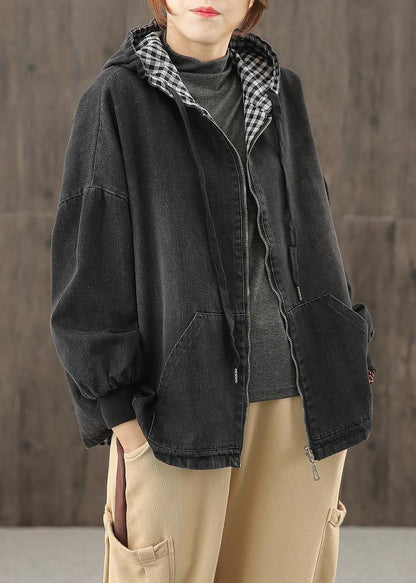 Denim Black Clothes Hooded Pockets Baggy Blouse