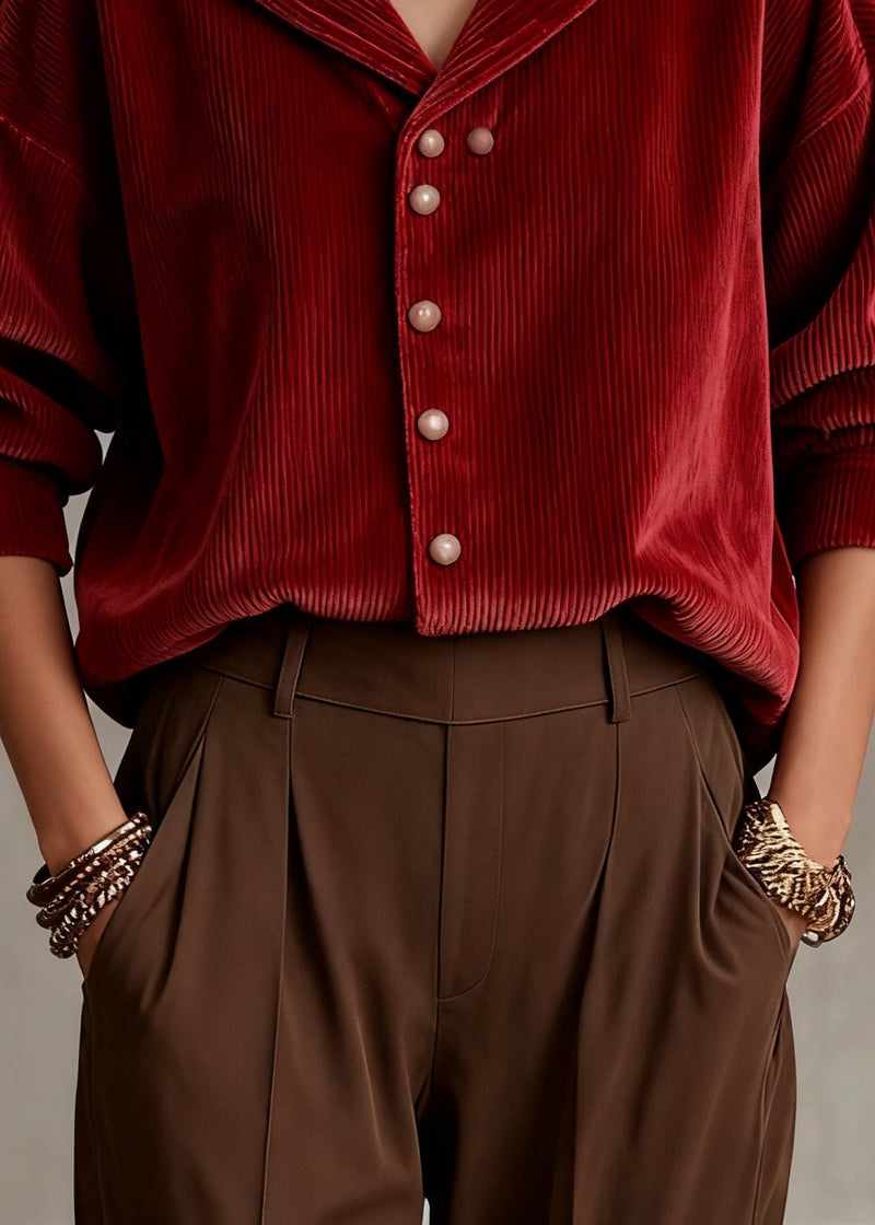 Red Sailor Collar Button Corduroy Shirts Spring
