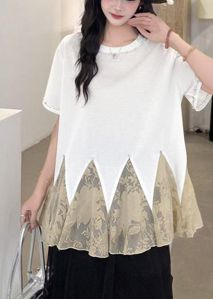 White Oversized Patchwork Tulle Tops Summer