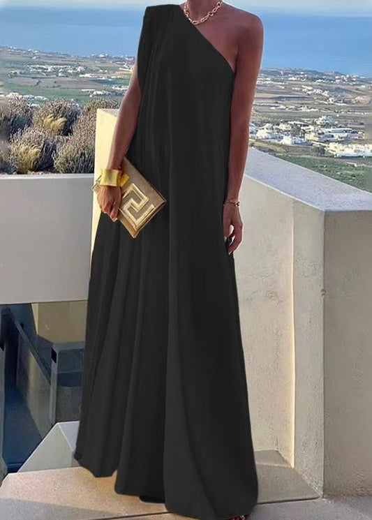 Style Black One Shoulder Cotton Long Party Dresses Summer