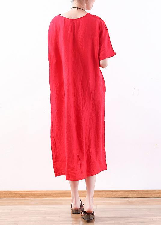 Diy O Neck Half Sleeve Linen Summer Robes Design Red Dresses