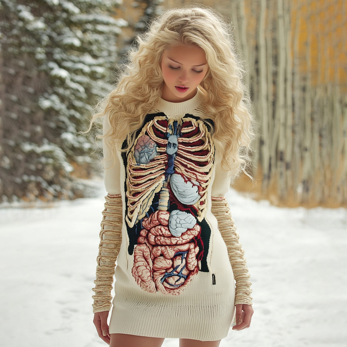 Comstylish Women's Vintage Halloween Anatomy Art Cozy Knit Mini Sweater Dress