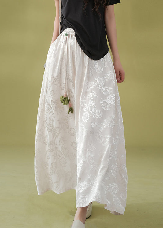 Loose White Print Elastic Waist Satin a Line Skirt Fall