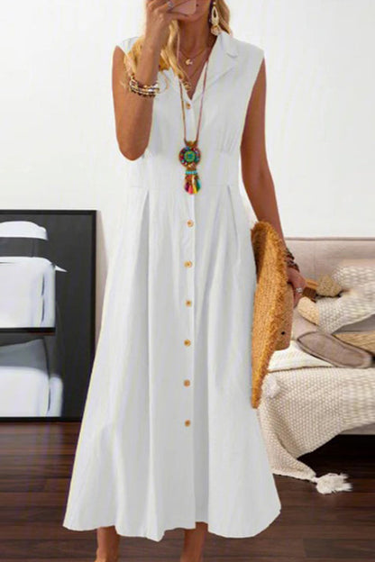 Lapel Button Sleeveless Midi Dress