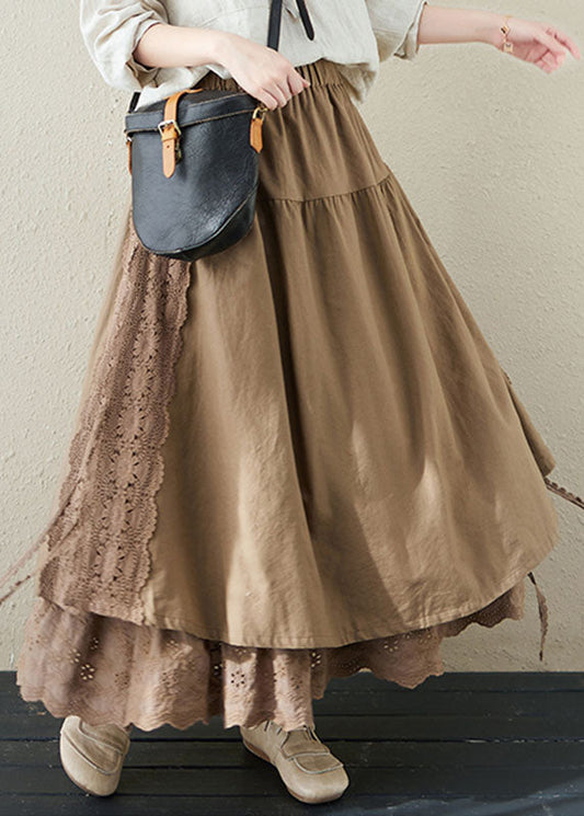 Khaki Elastic Waist Lace Patchwork Linen a Line Skirts Summer