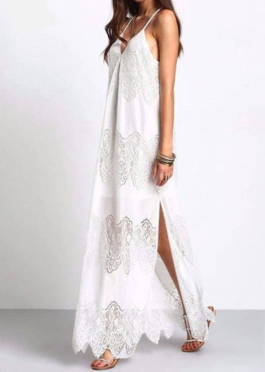European and American Style White V Neck Lace Spaghetti Strap Dress Summer