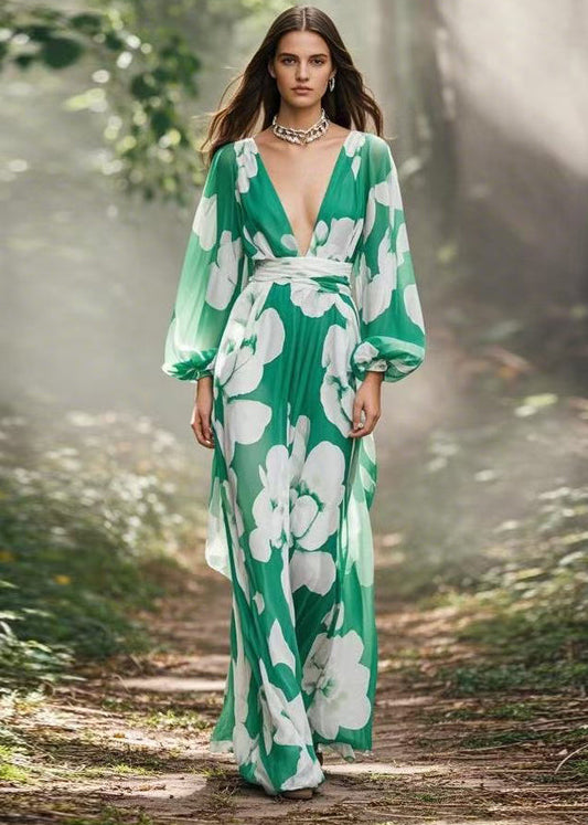 Green V Neck Print Chiffon Maxi Dress Spring
