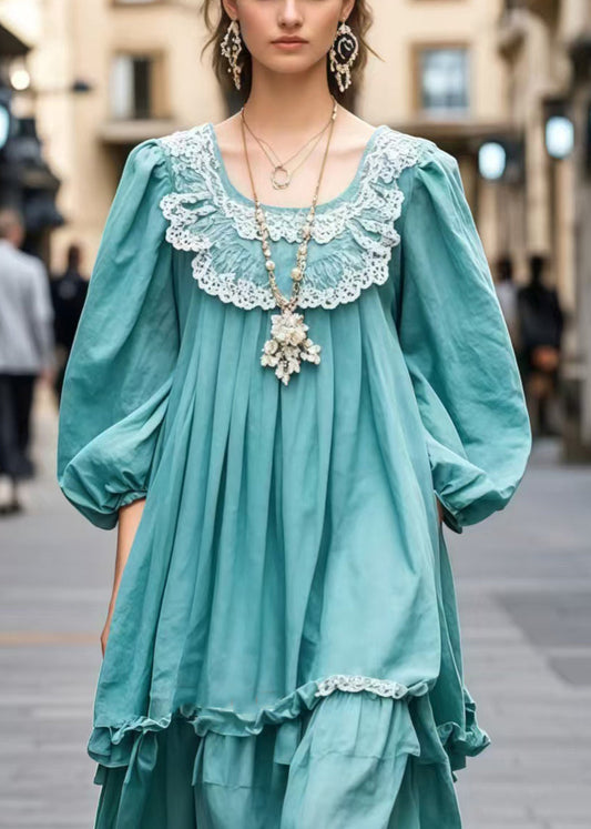 Blue Ruffled Patchwork Lace Dress Bracelet Sleeve