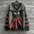 Halloween Caped Black Cat Striped Knitted Cozy V-neck Sweater elevenforest