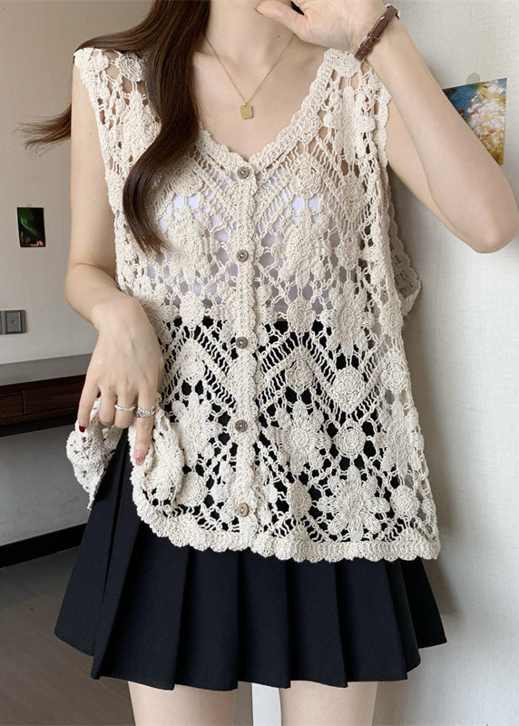 Apricot V Neck Hollow Out Knit Vest Sleeveless