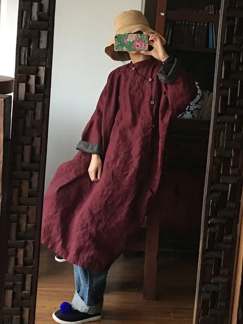 100%linen Embroidery Button Dress