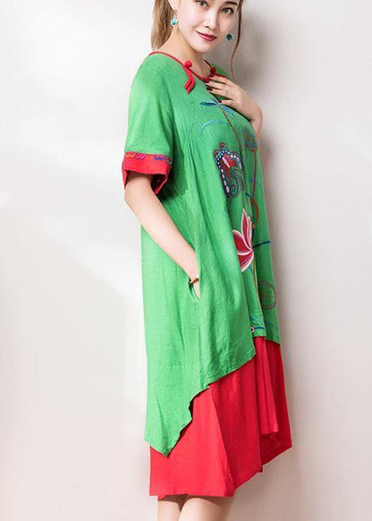 O Neck Patchwork Cotton Linen Quilting Dresses Inspiration Green Embroidery Dress Summer