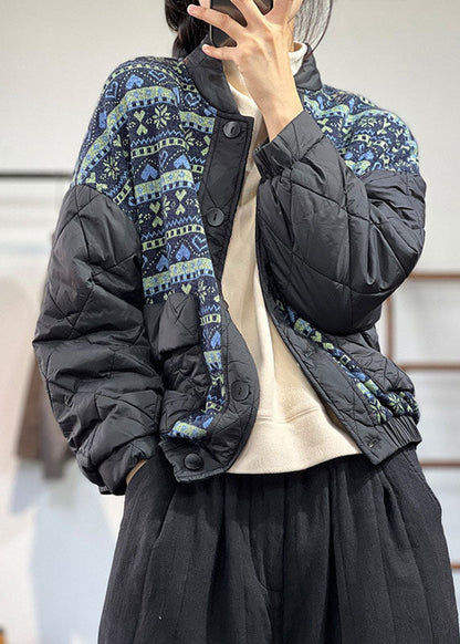 Black Oversized Patchwork Print Fine Cotton Filled Coat Winter