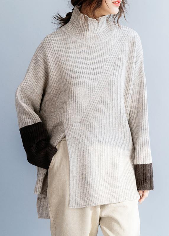 For Beige Knitted Top High Neck Knit Wear Front Open