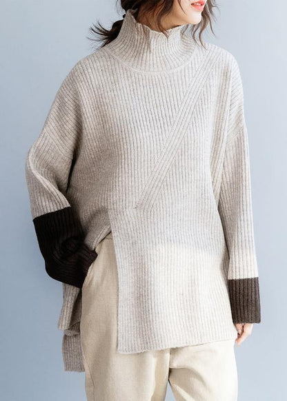 For Beige Knitted Top High Neck Knit Wear Front Open