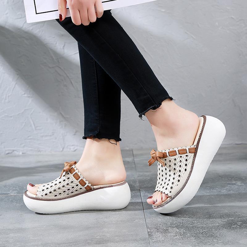 Leather Hollow Out Wedge Slippers