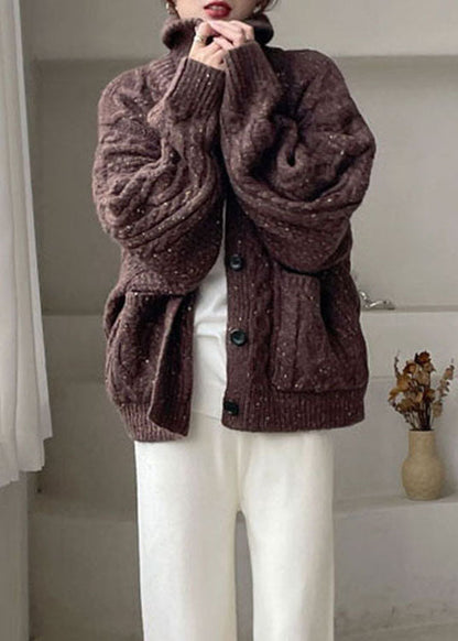 Coffee Peter Pan Collar Button Knit Winter Coat