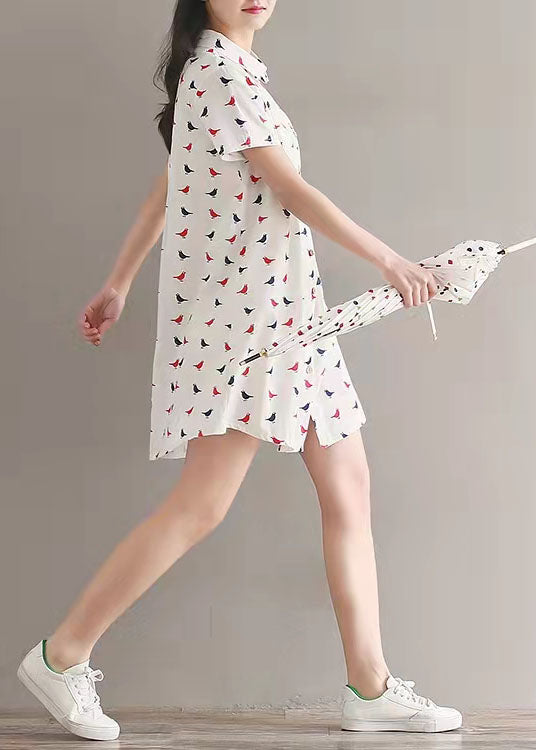 Prints Linen Dress Lapel Collar Linen Gown Fine Shirt Dress