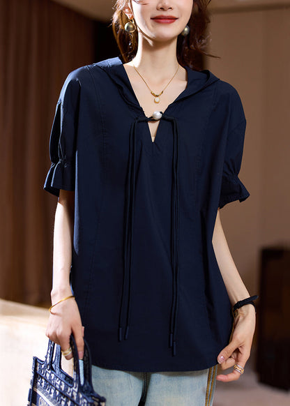 Navy Loose Cotton Top Hooded Short Sleeve