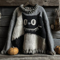 Halloween Black Cat Spooky Face Contrast Stitched Cozy Knit Sweater elevenforest