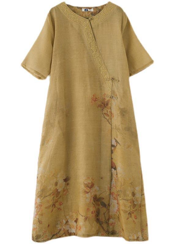 Yellow Print Oriental Party Dress Summer Linen Dress