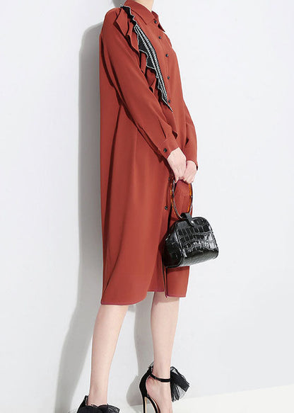 Red Peter Pan Collar Asymmetrical Ruffled Shirt Dress Spring