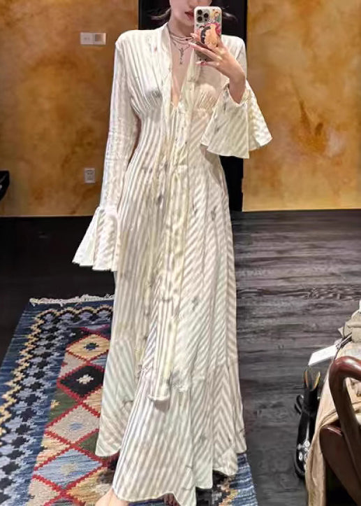 Striped Bow High Waist Long Dress Flare Sleeve