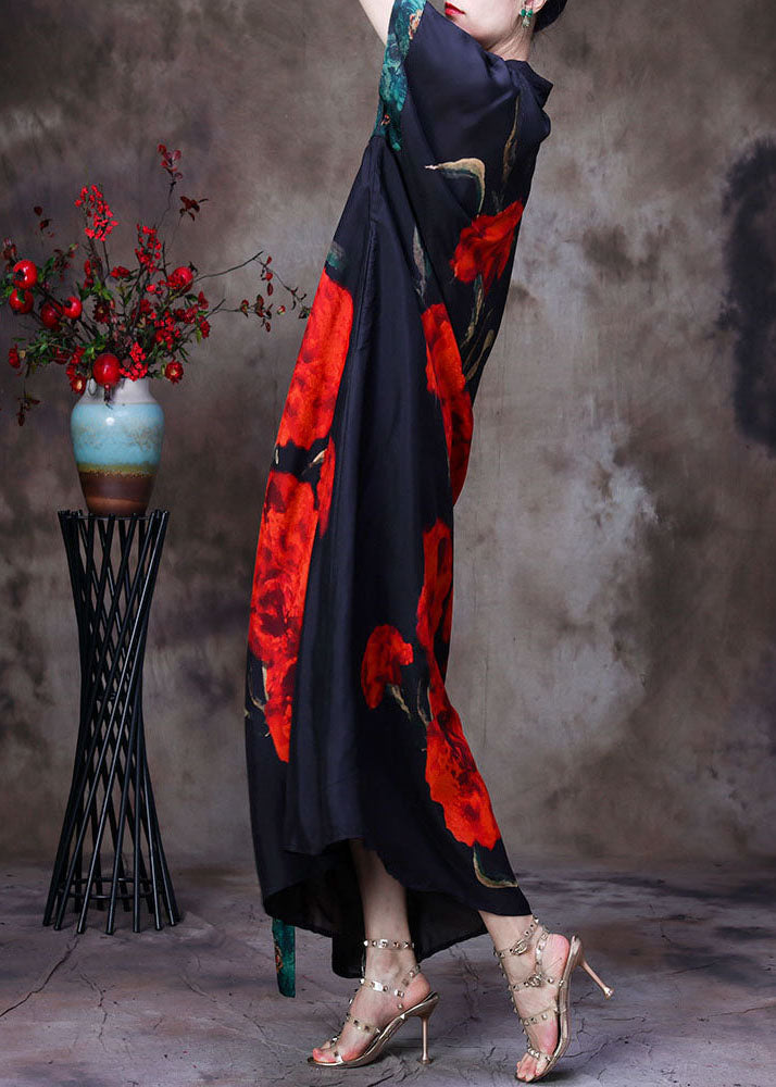 Black Mandarin Collar Print Silk Long Dress for Wemon Short Sleeve