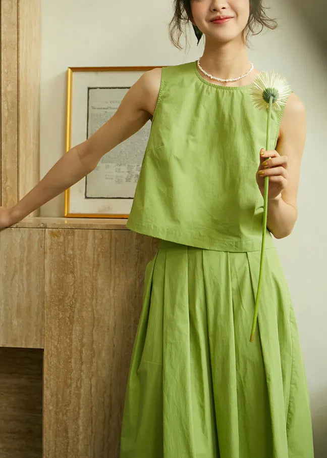 Art Green O-neck Cotton Top and Pleated Skirt Two Pieces Set Sleeveless
