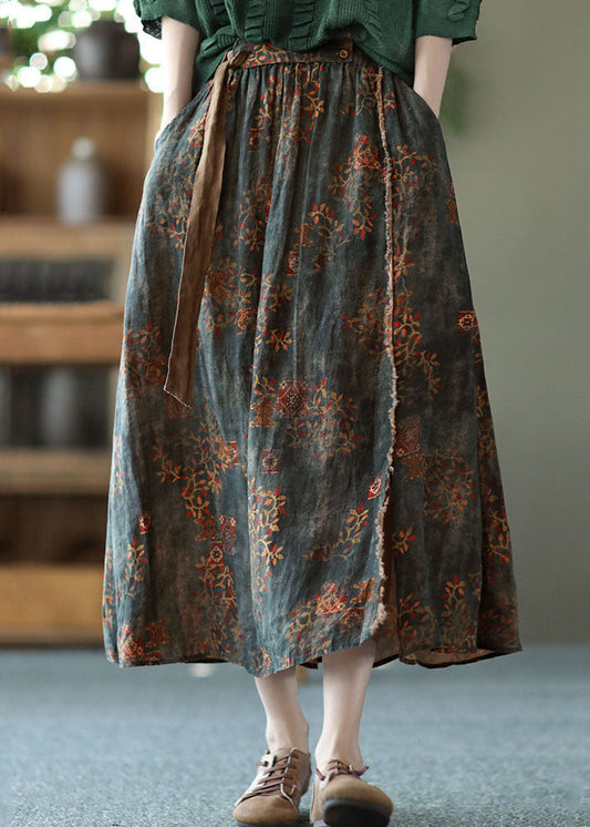 Blackish Green Wrinkled Pockets Patchwork Linen Skirts Summer
