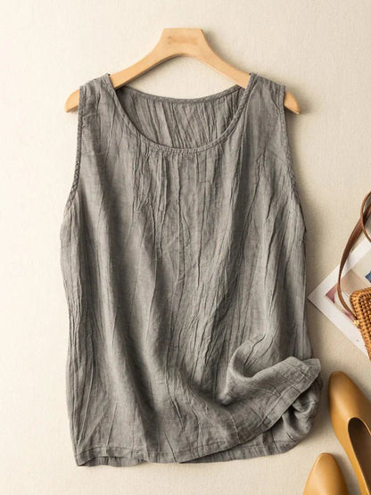 Linen Round Neck Sleeveless Vest Top
