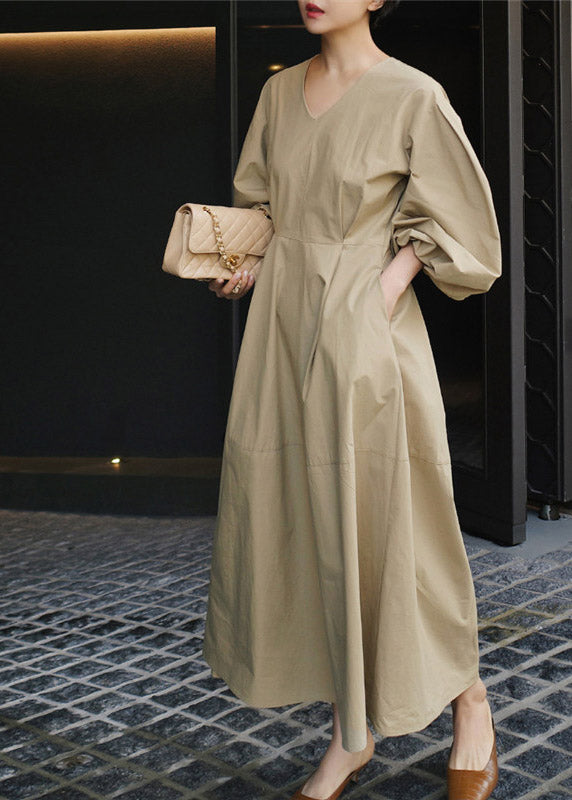 Khaki V Neck Patchwork Zippered Cotton Vacation Dresses Long Sleeve