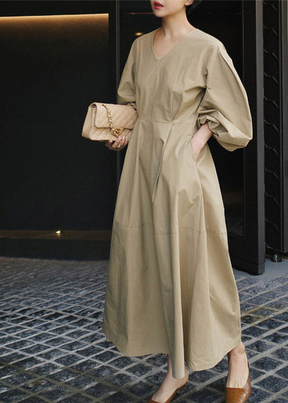 Khaki V Neck Patchwork Zippered Cotton Vacation Dresses Long Sleeve
