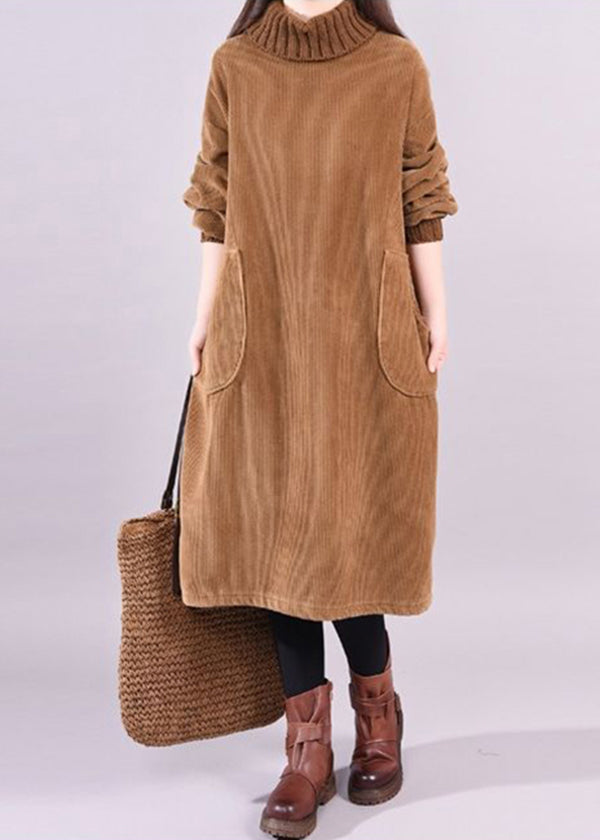 Coffee Patchwork Thick Corduroy Dresses Turtle Neck Long Sleeve