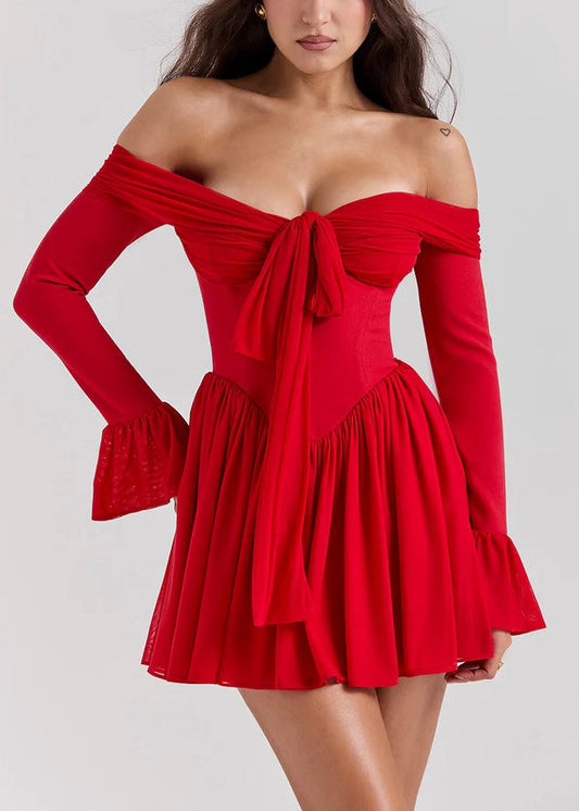 Red Bustier Top Chiffon Mini Strapless Dress Summer