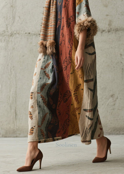 Loose Print Fuzzy Fur Patchwork Cotton Long Dress Fall