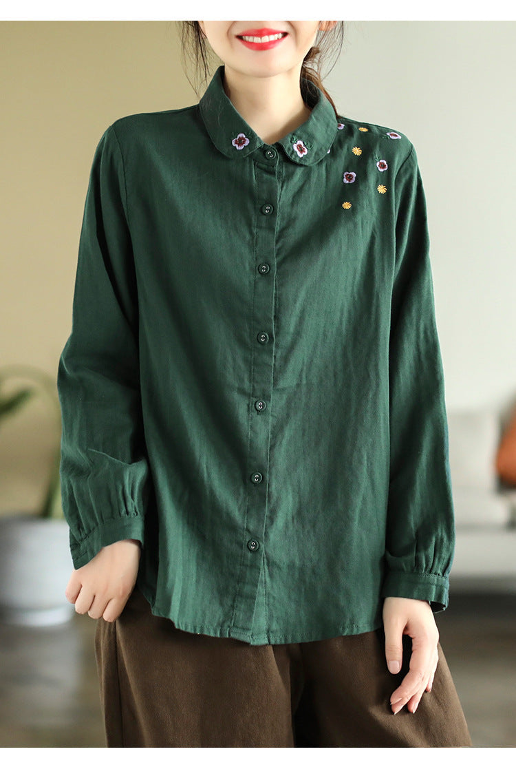Art Double Layer Cotton Long Sleeve Embroidery Shirt