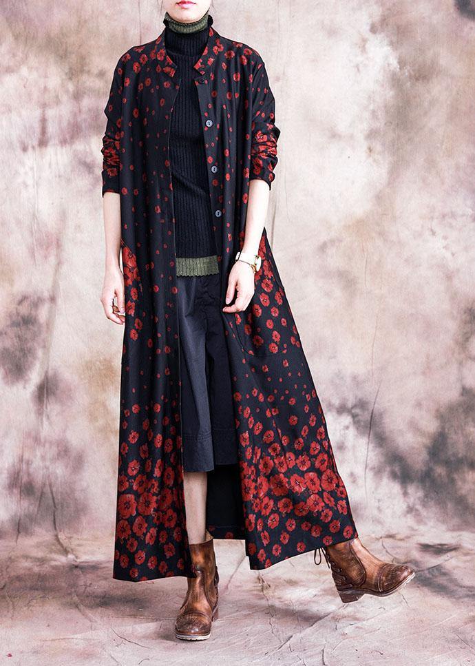 Red Print Coats Oversize Fall Outwear Button Down Pockets Coat