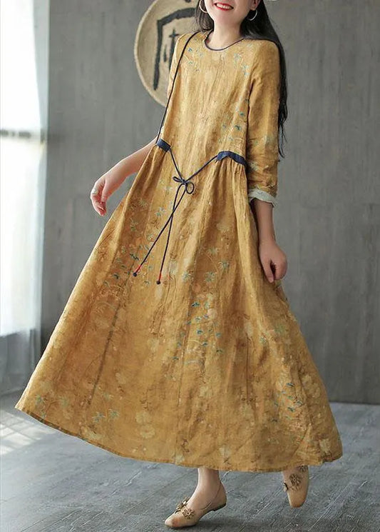 Diy Yellow O-neck Print Tie Waist Long Sleeve Fall Dress