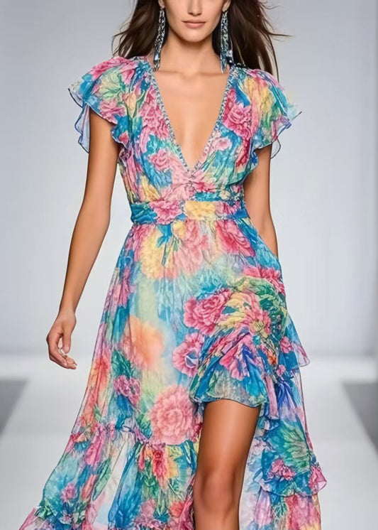 Blue Print Side Open Chiffon Maxi Dresses Summer