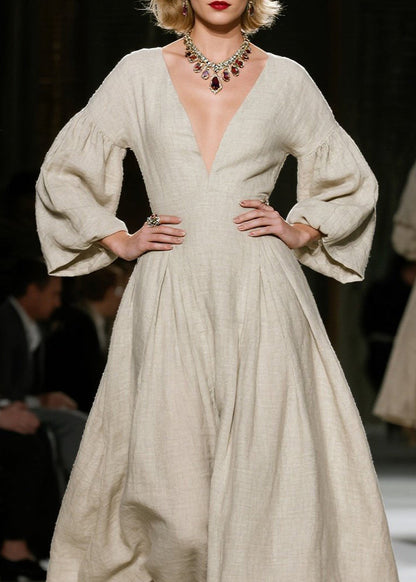 Classy V Neck Wrinkled Patchwork Cotton Dress Fall