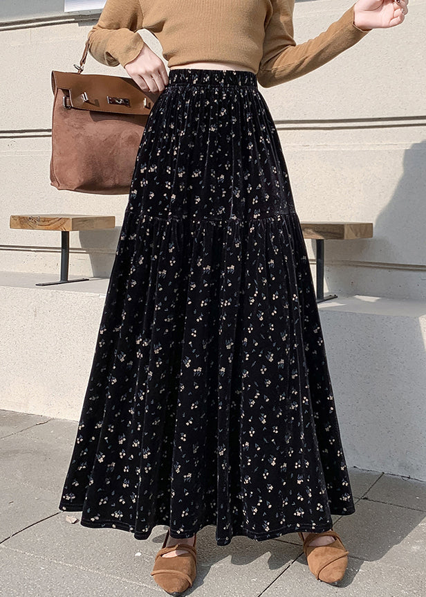 Apricot Print Wrinkled High Waist Velvet Skirts