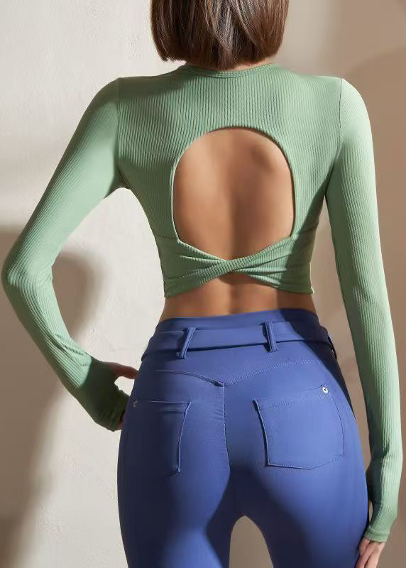 Classy Green O-neck Backless Long Sleeve Yoga Top