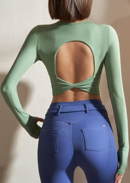 Classy Green O-neck Backless Long Sleeve Yoga Top