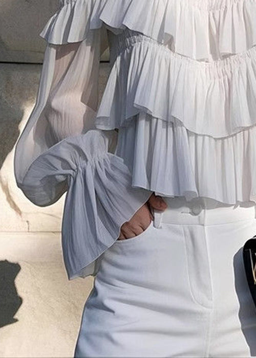 Light Grey Ruffled Chiffon Spaghetti Strap Blouse Flare Sleeve