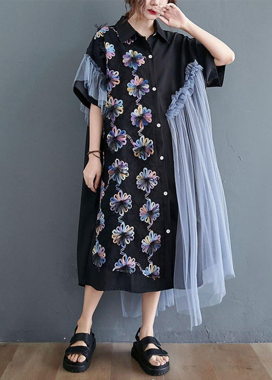 Black Patchwork Tulle Peter Pan Collar Summer Button Dresses Half Sleeve