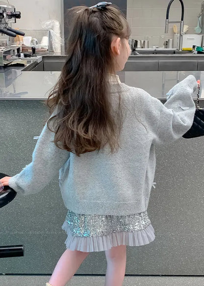 Grey Bow Cotton Knit Kids Cardigan and Skirts Two Pieces Set Spring