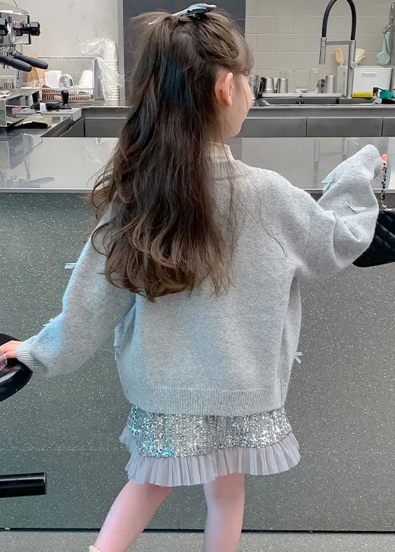 Grey Bow Cotton Knit Kids Cardigan and Skirts Two Pieces Set Spring